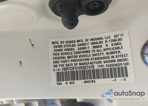 2017 Honda Civic Lx z USA, uszkodzony, nr VIN 19XFC2F51HE027470